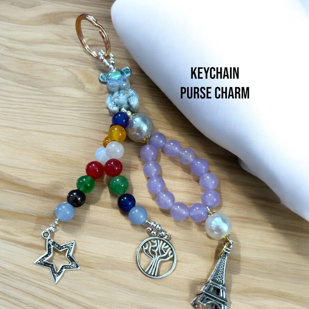 270C. Multicolor Gemstone Beaded Keychain with Charms